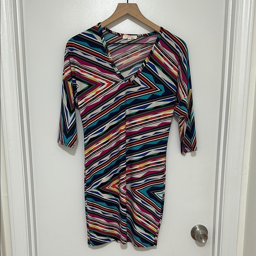 TRINA TURK | Woman's Rainbow V Neck Bodycon Geometric Abstract‎ Mini Dress, XS